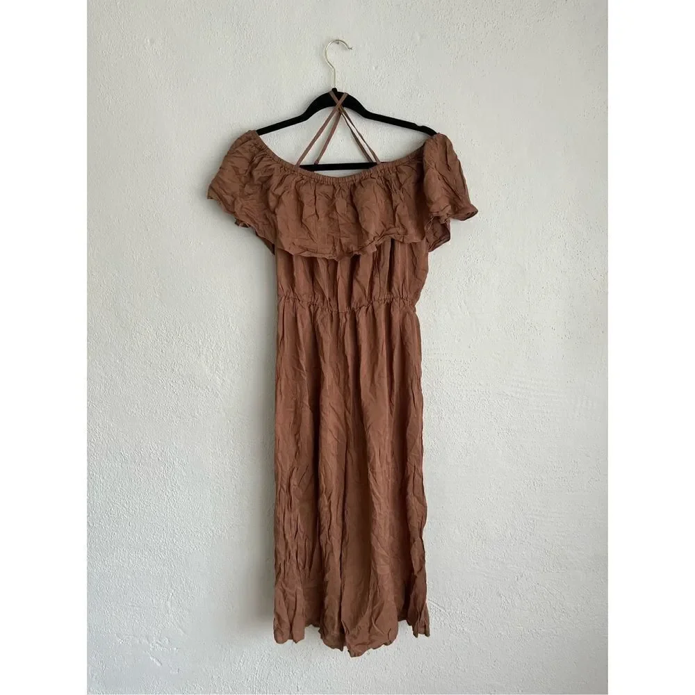 Coeur de Vague Woman Brown Ruffle Crop Off Shoulder Jumpsuit , Size Large